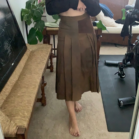 Vintage brown leather pleated midi skirt - Picture 2 of 12